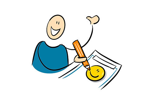 Blij poppetje aan het tekenen met duim omhoog