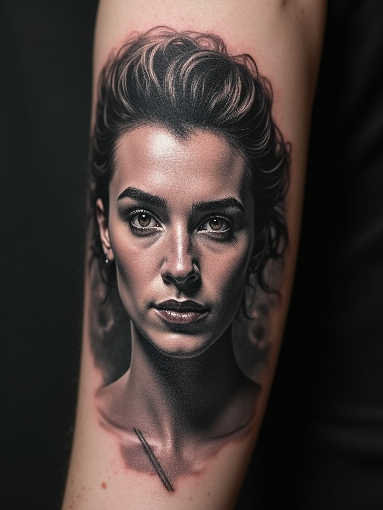 Close-up detail shot of a highly realistic portrait tattoo on a client's arm, showcasing i