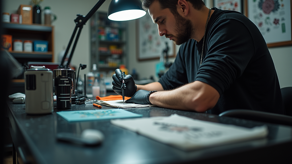 Eye-level view of a clean and organized tattoo workstation