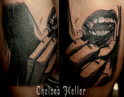 black-and-grey illustrative tattoo