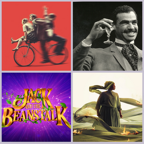 a grid of promotional images including Jo Brand and Lenny Henry, some people on a bike, a blakc and white picture of a man in a cravat