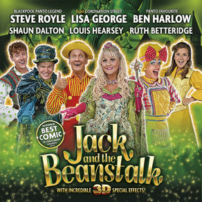 Six caucasian performers in panto costumes smile and pull faces towards the camera on a sparkly green background