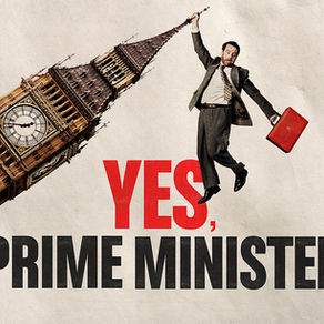 A man in a suit hangs of the tilted Elizabeth tower holding a red briefcase