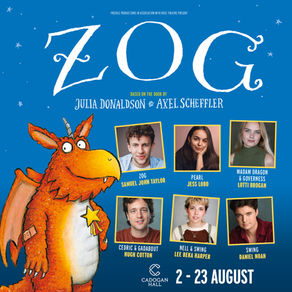 An orange illustrated winged creature on a blue background with ZOG titled above and headshots of actors alongside. 