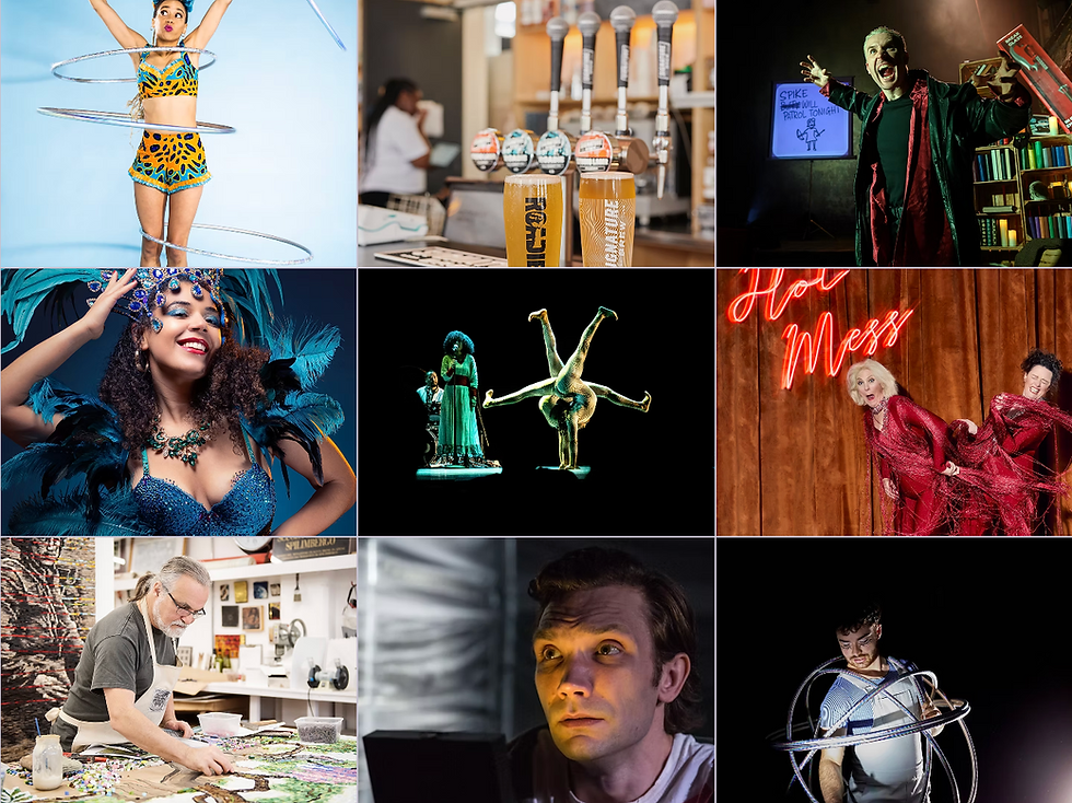 A grid of images featuring various performers, makers and beer
