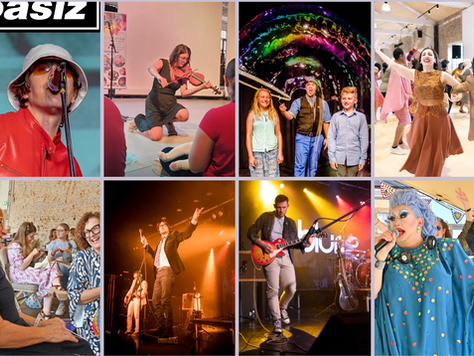 A grid of images featuring bands, a bubble man, a drag queen and some people knitting