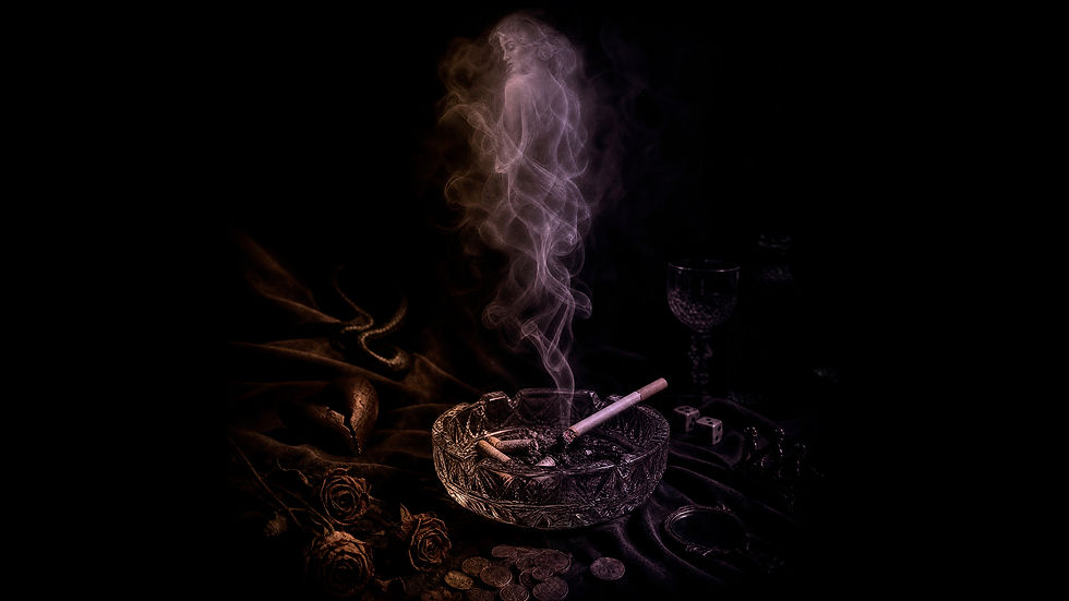 a lit cigarette in an ashtray, the smoke curls up and looks like a naked woman