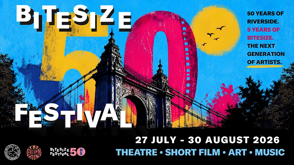 A brightly coloured print poster style image featuring Hammersmith Bridge and text about the Bitesized Festival as part of the Riversdie 50th anniversary year