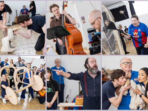A grid of actors in rehearsal with puppets and musical instruments