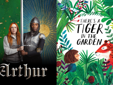 theatre posters for two shows rfeautring a knight and a girl with red hair holding a sword, and an illustration of a little girl with brown hair and a tiger surrounded by plants.