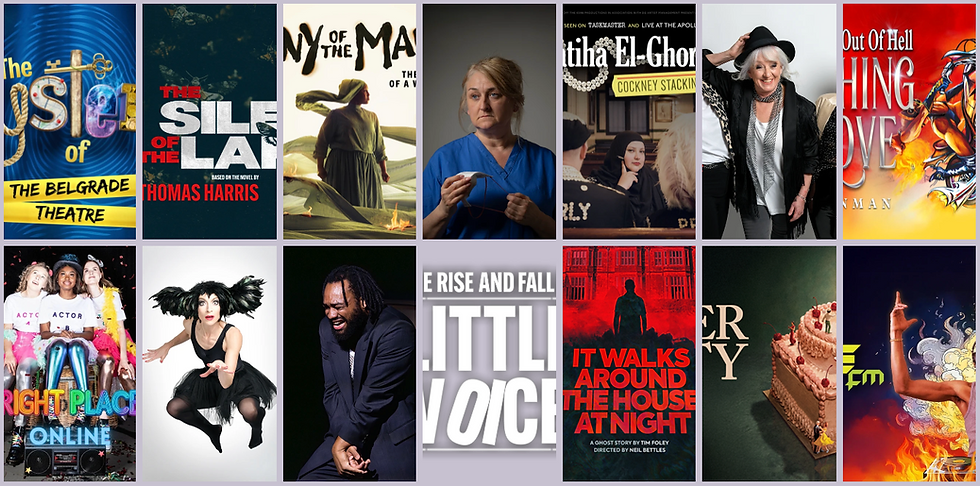 A grid of promotional artwork for shows including a cake, a DJ, a woman jumping, a man laughing and more.