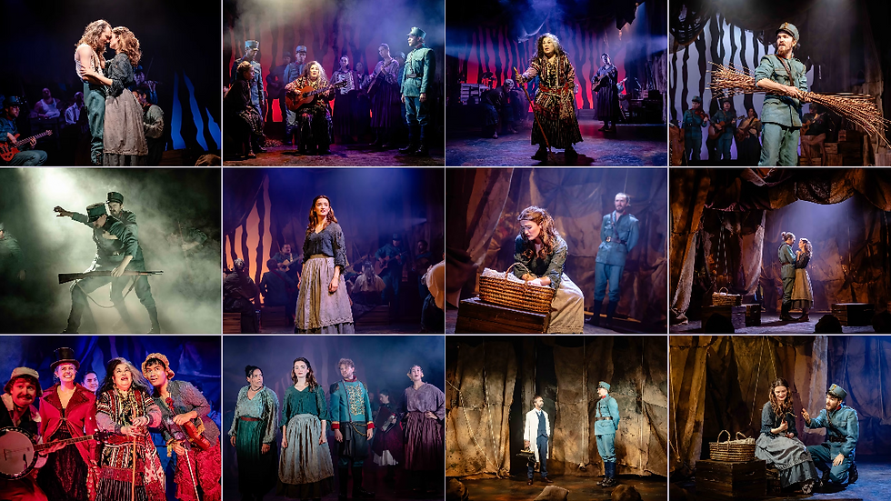 A grid of production images of a musical - people in an embrace, fighting, with a band, with a crib