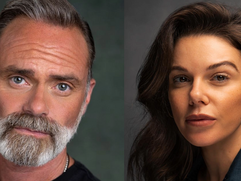 A greying caucasian man with a beard and a brunette caucasian women both against grey backgrounds look to the camera. Actor's headshots