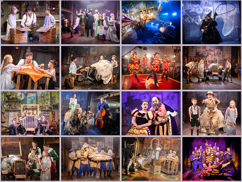 A grid of production images from Chitty Chitty Bang Bang featuring a car, morris dancers, children and more