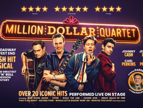 Four men with instruments in vintage clothes on a purple background