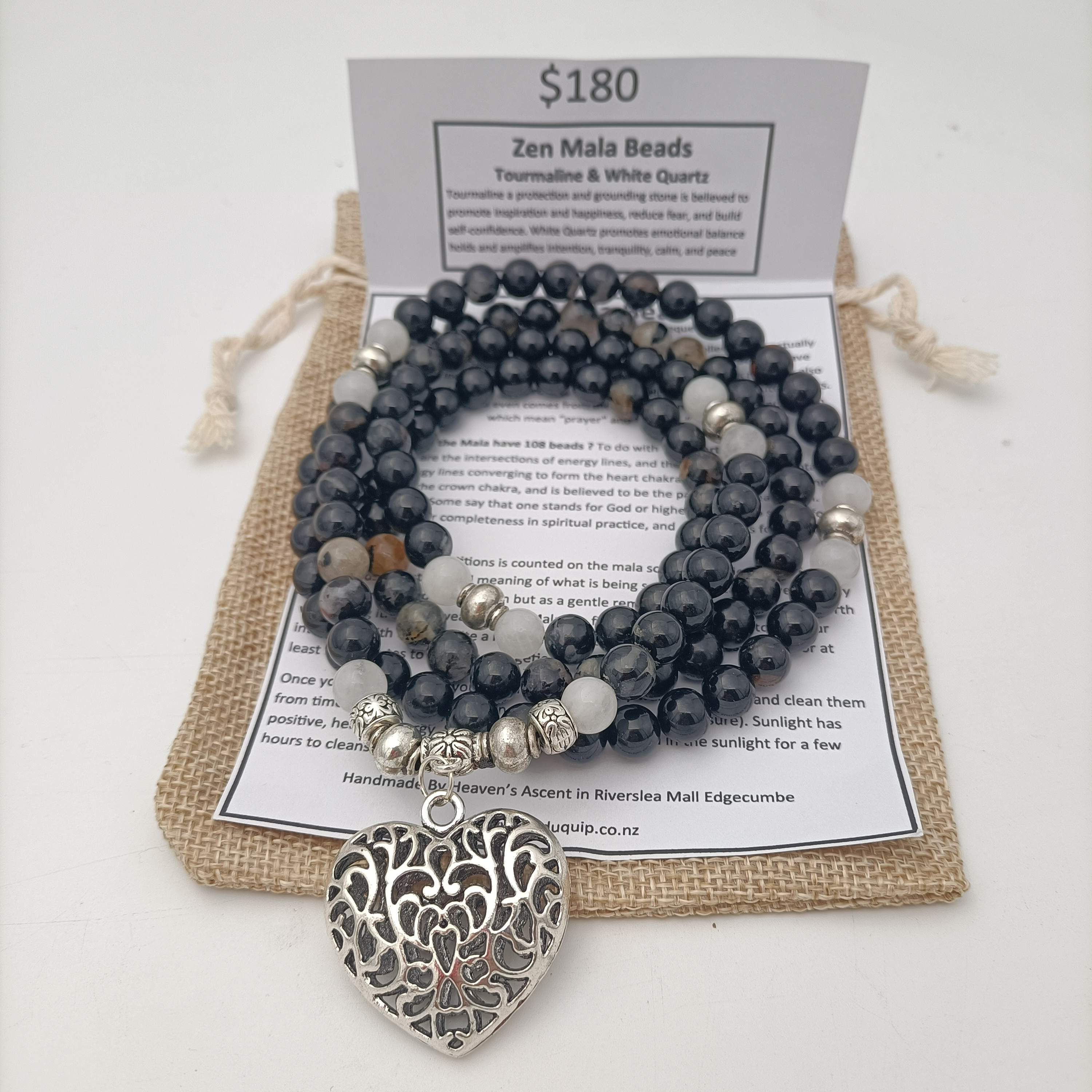 Zen Mala Beads Tourmaline & White Quartz
