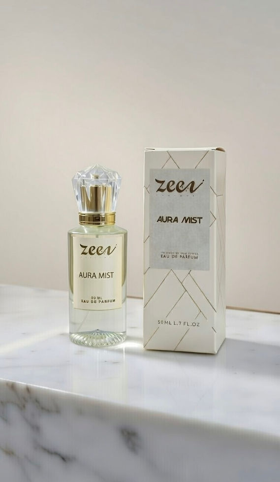 ZOEV Aurora Mist Eau de Parfum bottle and box on marble surface.