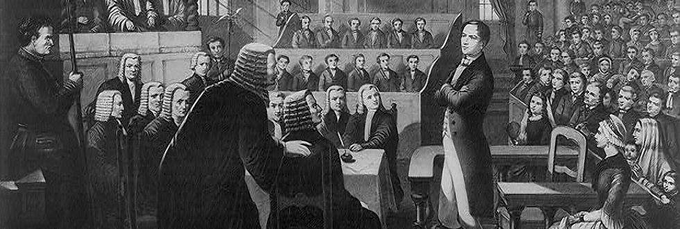 Black and white drawing entitled "Trial of Robert Emmet. Emmet replying to the verdict of high treason, Sept. 19, 1803"