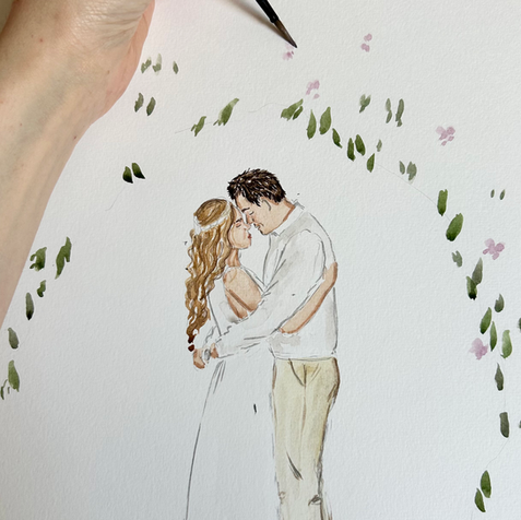 an in process painting of a Bride and Groom standing under an archway of greenery and flowers.