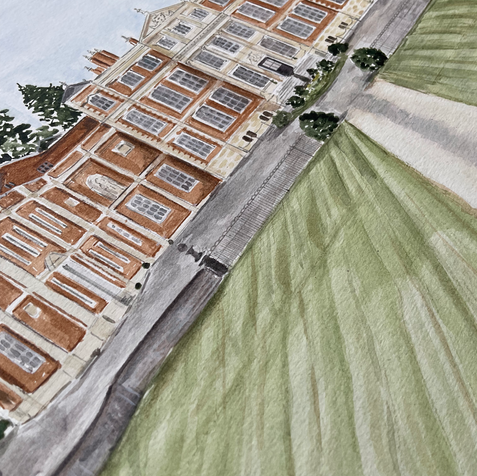 a close up of an illustrated wedding venue. the venue is large with red brick and a gravel courtyard.