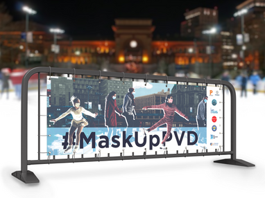 A mockup of a #MaskUpPVD dasher ad popout. This ad was was placed on the wall of the Providence Rink.