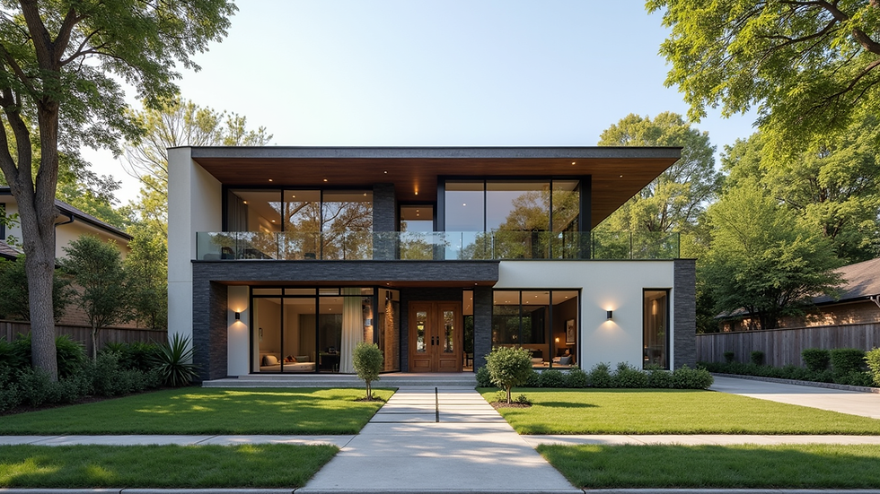Wide angle view of a modern custom home exterior in a Dallas neighborhood