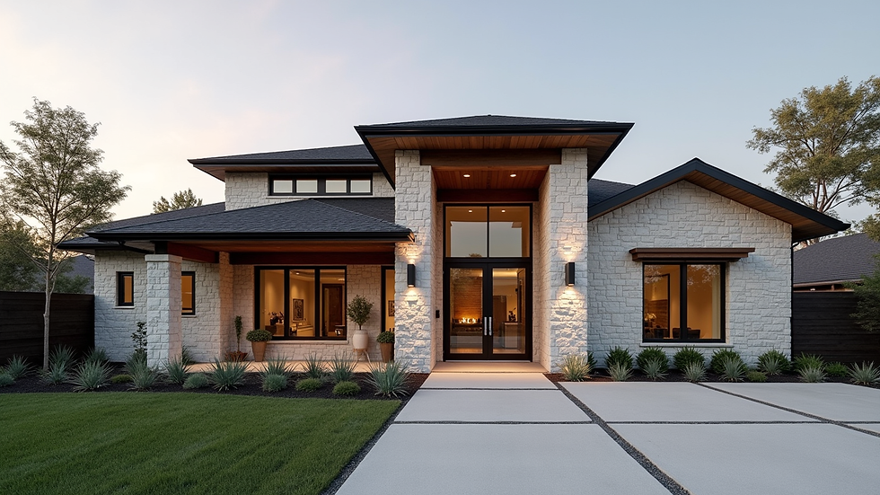 Wide angle view of a modern custom home exterior in Dallas with stone and wood finishes