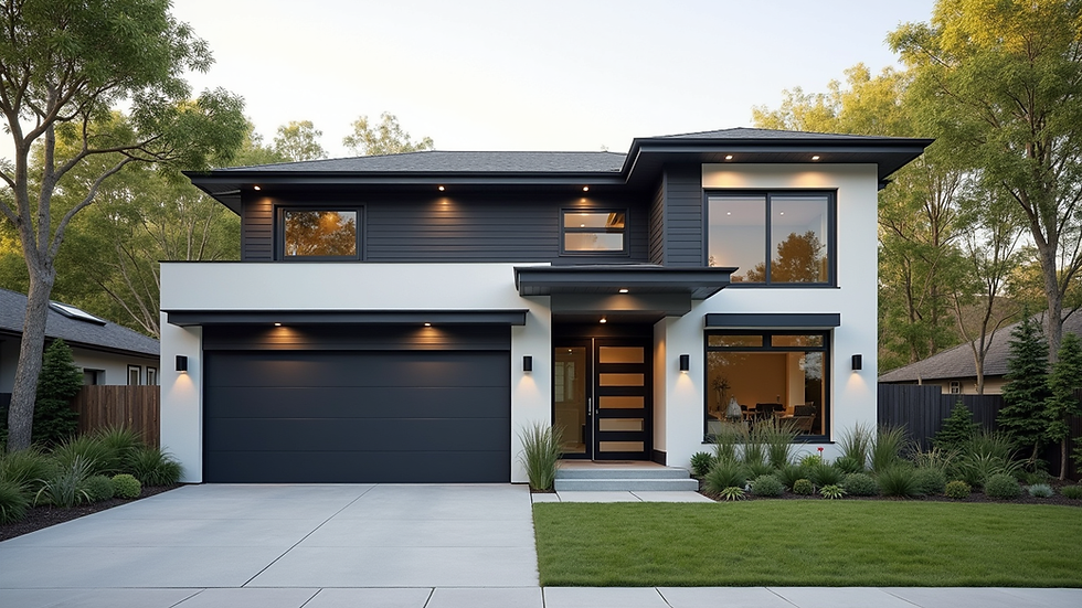 Eye-level view of a modern custom home exterior in a suburban neighborhood