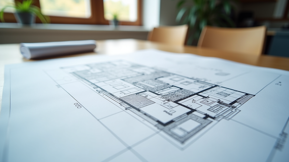 Eye-level view of a detailed home blueprint on a table