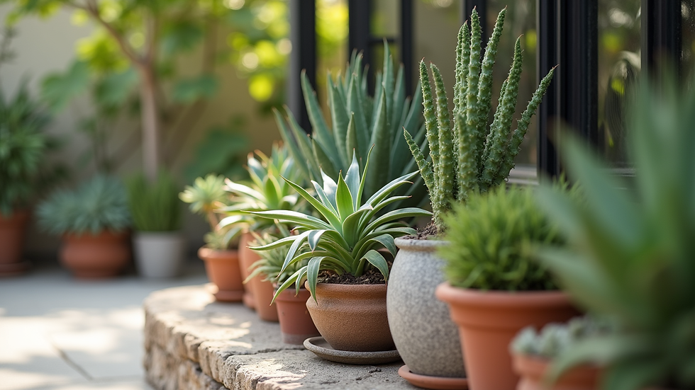 Close-up view of potted succulents and native plants on a patio