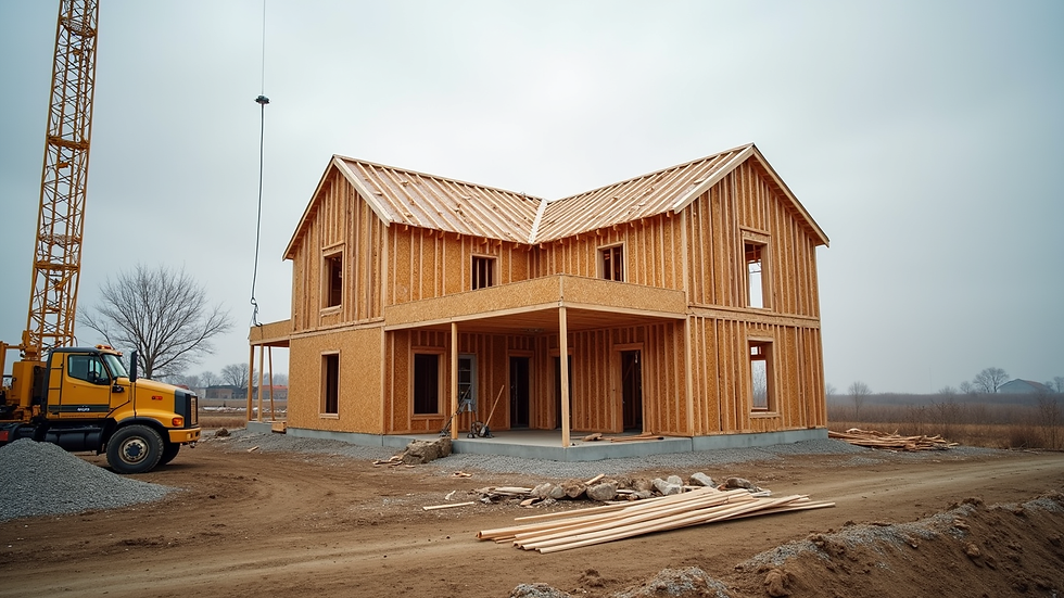 Wide angle view of a framed house under construction