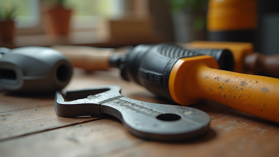 Close-up view of a home maintenance toolkit with essential tools