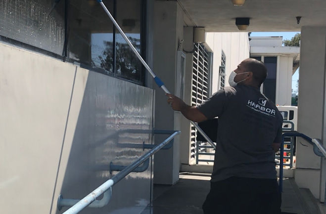 Professional commercial cleaning team at work