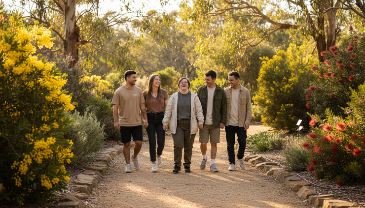 Wide-angle view of a small group walking together through a sunny public garden path