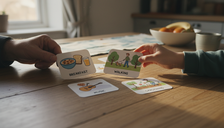 Close-up view of hands choosing picture cards for daily activities on a kitchen table