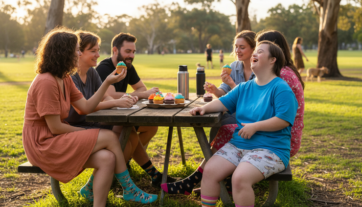 Eye-level view of friends sharing cupcakes at an outdoor picnic table in a park