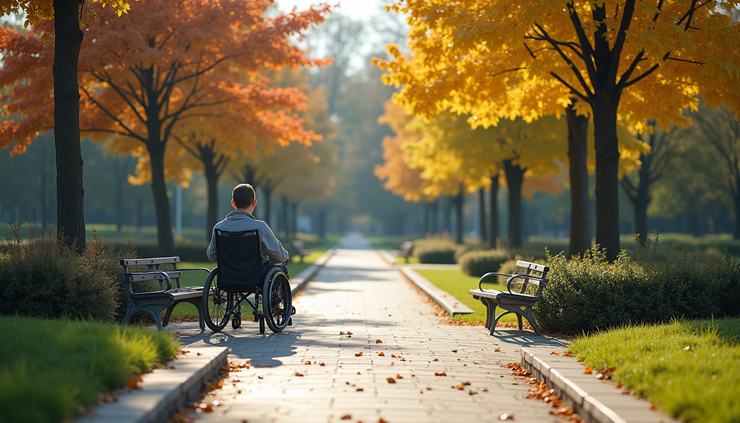 Eye-level view of a wheelchair-accessible park entrance with clear signage