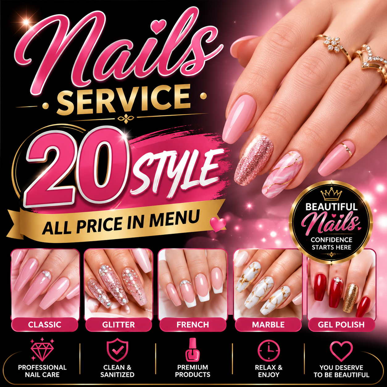 Front Sign for Nails service 20 style, all price in menu. 2fx4f