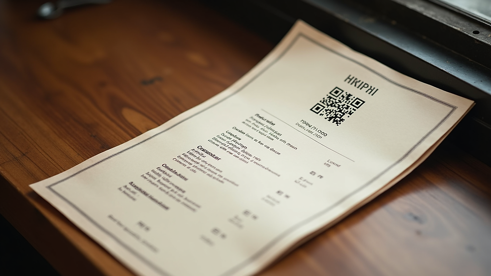 High angle view of a printed menu with a QR code for easy scanning