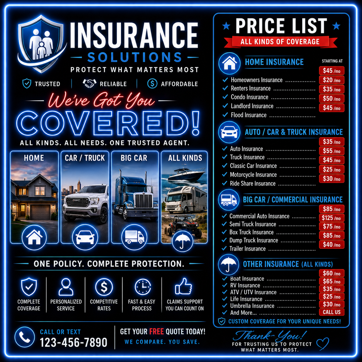 Front Sign for Insurance Agent Service: Home Car/Truck Big Rar. Size 2F x 4F