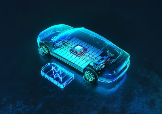 The image shows a transparent car with visible interior components highlighted in blue and illustrates the battery of an electric vehicle