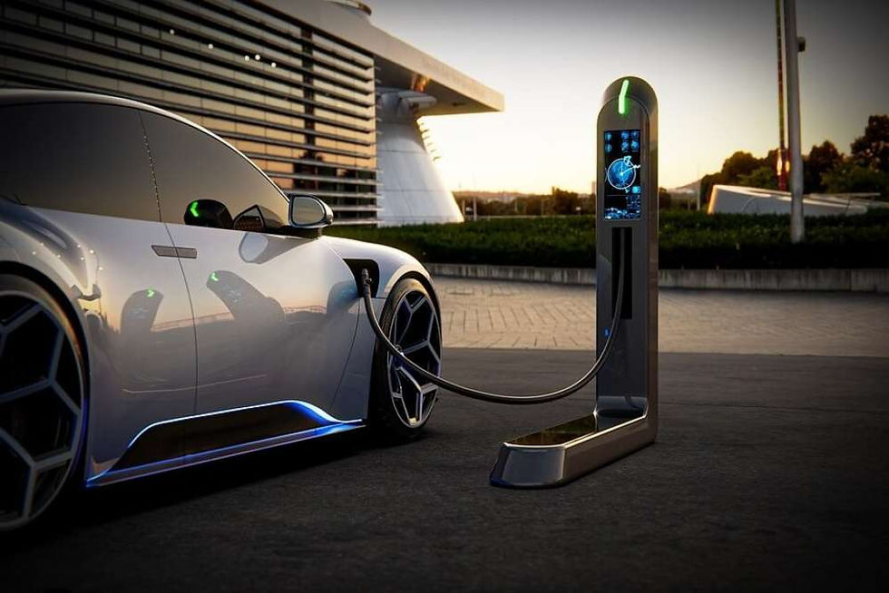 The image shows a modern electric vehicle (EV) being charged at a public charging station. The car features a sleek metal body with blue accents on the bottom edge and around the wheels, highlighting its sophisticated design. This image highlights the importance of sustainable living and technological advancement in the automotive industry.