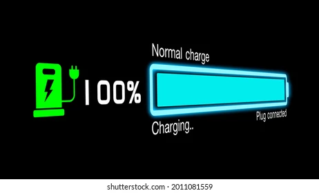 The battery charging data image display at 100% is set to Normal Charge when Charging...Plug Connected is set to a black background.