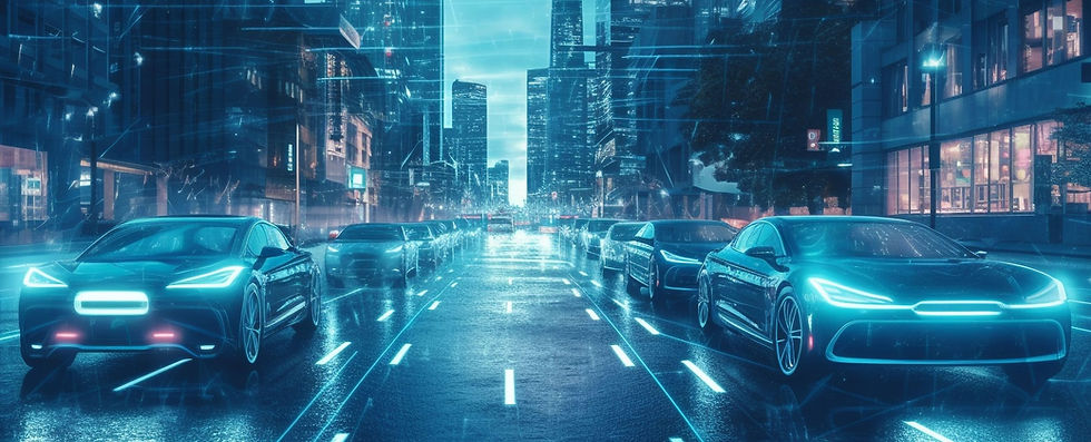 This image shows a futuristic city street at night, filled with sleek, modern electric vehicles emitting glowing lights. The scene features a high-tech, digital ambience with neon blue lighting.
