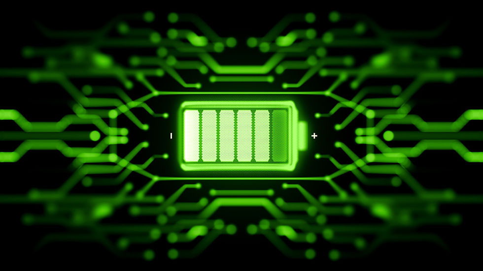 The image shows a green battery symbol in the center of a circuit board pattern, symbolizing energy, technology and energy efficiency.