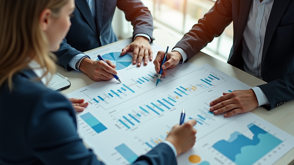 High angle view of a project team analyzing charts and timelines