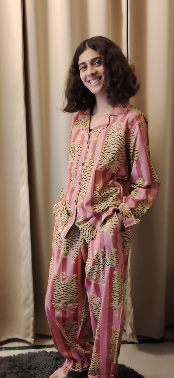 Thumbnail: Cotton Tiger Print Long Pyjamas Set - Dust Pink