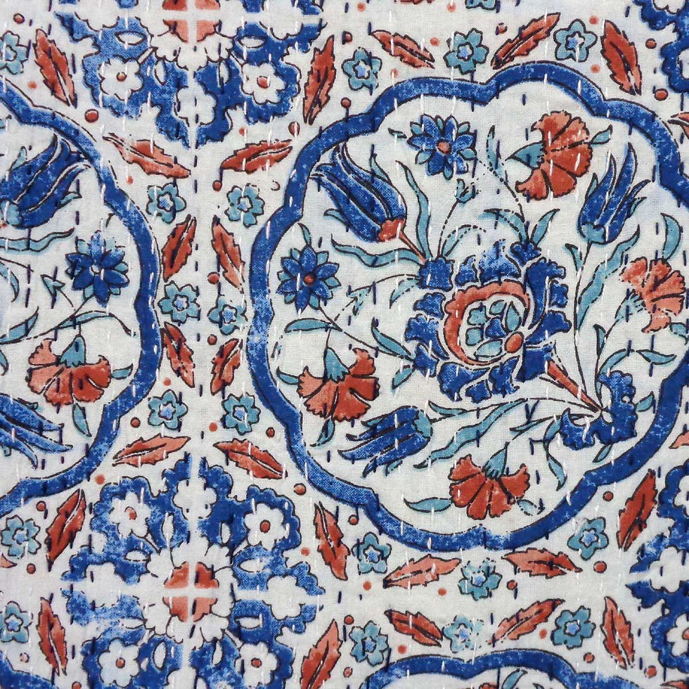 Thumbnail: Hand Block Printed Sanganer Kantha Queen Size Throw/Quilt (220 cm x 270