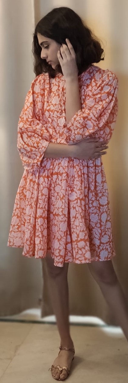 Thumbnail: Block Printed Cotton Short Dress - Naarangi