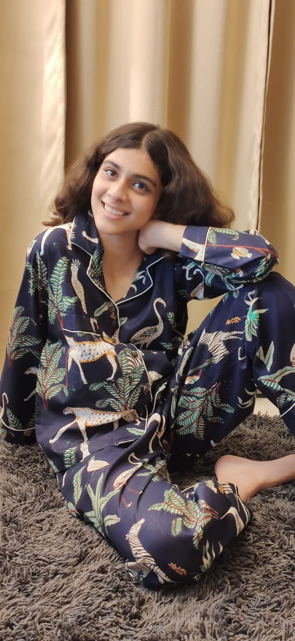 Thumbnail: Cotton Tiger Print Long Pyjamas Set - Dark Blue Safari